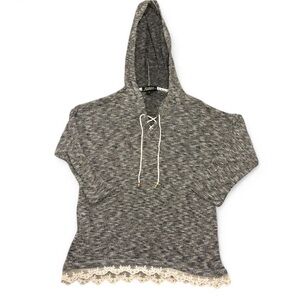 Gray Hooded Women's Knit Sweater Top with Lace Trim